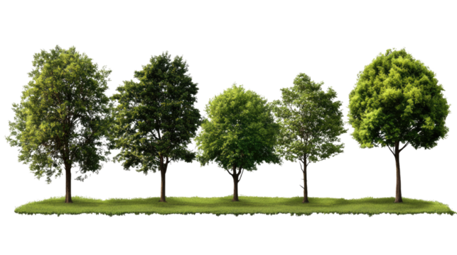Five Trees in a Row: A row of five trees, in various sizes and shapes, stand tall against a backdrop of clear sky, showcasing the beauty and resilience of nature.