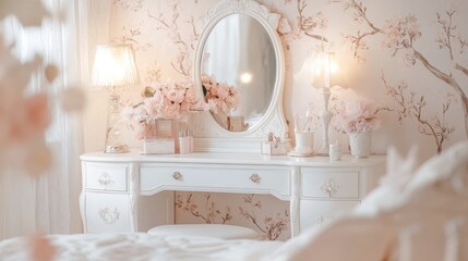 White vanity with mirror, lamps, flowers, and wall decor in a bedroom.