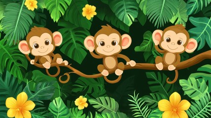 Naklejka premium Three Cute Cartoon Monkeys in Tropical Foliage Surrounded by Flowers