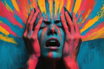 Woman suffering from mental illness with colorful painted face and hands holding head and screaming