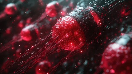 Vibrant red cancer cells interact with metallic nanorobots in a striking, high-contrast setting, showcasing a blend of biology and technology