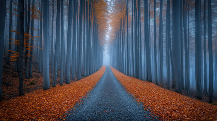 serene forest path lined with tall trees, showcasing vibrant autumn leaves in shades of orange and red. mist adds mystical touch to this tranquil scene