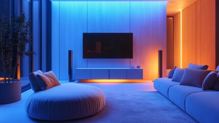 Bright living room with a TV integrated into a sleek panel wall, rounded furniture pieces, soft throw pillows, and a glowing ambient floor lamp.