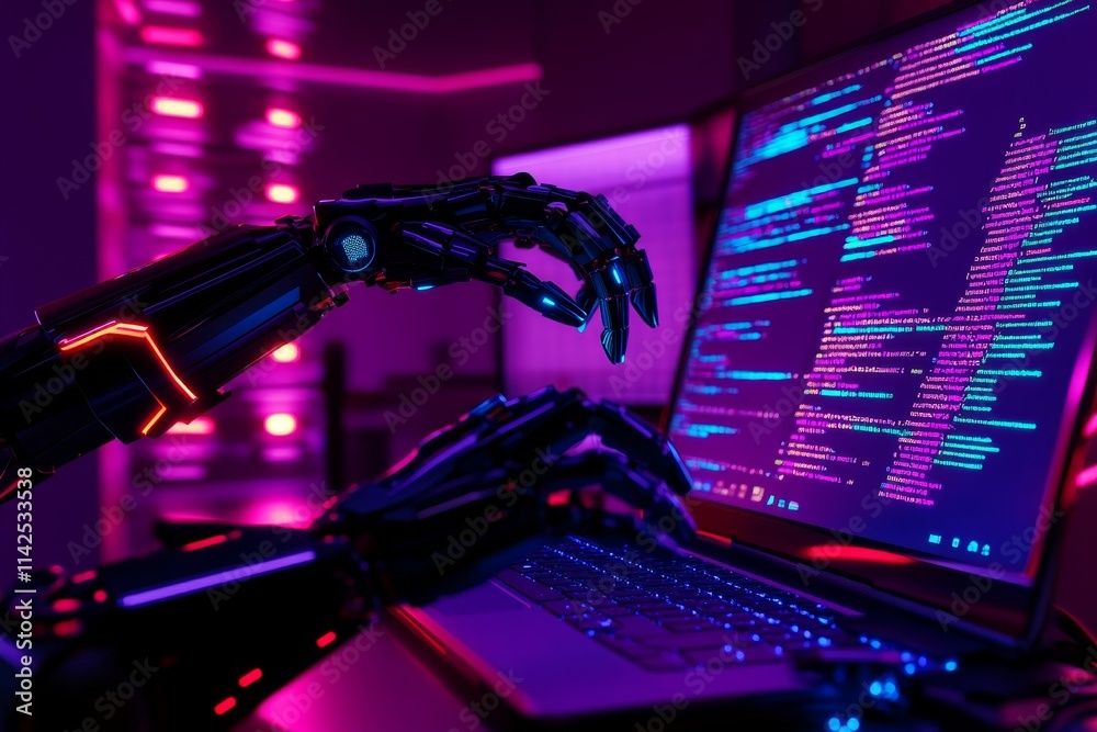 Aufkleber futuristic robotic hand interacting with laptop displaying colorful coding interface in neon-lit mod