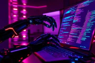 Futuristic robotic hand interacting with laptop displaying colorful coding interface in neon-lit modern workspace reflecting advanced technology and innovation