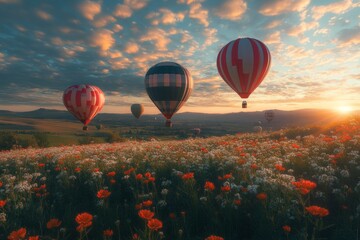 Obraz premium Colorful hot air balloons flying over a beautiful field of wildflowers at sunset, creating a serene and picturesque scene