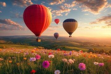 Fototapeta premium Colorful hot air balloons floating over a beautiful field of wildflowers during a vibrant sunset, creating a serene and picturesque scene