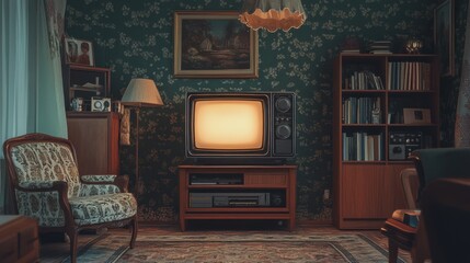 Vintage living room with retro television and classic furniture decor