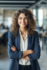Fototapeta premium A confident woman with curly hair smiles while standing with arms crossed in a contemporary office environment filled with professionals
