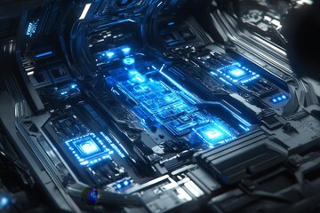 Futuristic Tech Environment with Glowing Circuitry: High-Tech Surface for Science Fiction Digital Projects and Modern Visual Media Elements