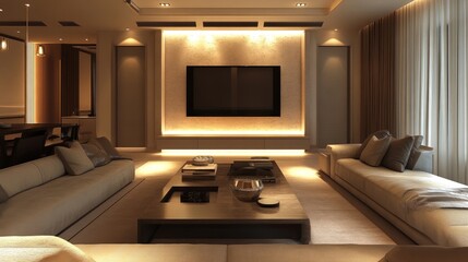 Clean-lined living room with a TV wall surrounded by ambient light strips, soft-edged coffee tables, and plush seating in neutral tones.