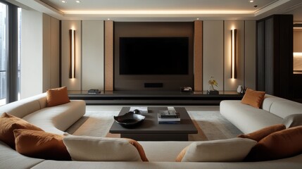 Contemporary living room with a clean-lined media unit, a flat-screen TV, plush curved seating, and ambient lighting from modern sconces.