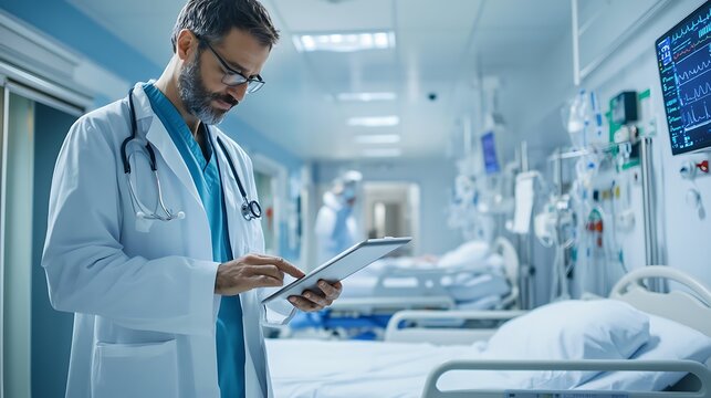 A doctor reviewing a patient&rsquo;s health data on a tablet while standing beside a hospital bed in a bright, clean medical ward 