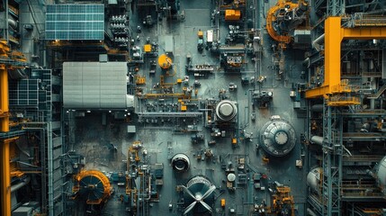 Fototapeta premium Sustainable Industrial Transition: Factory with Wind Turbines, Solar Panels, and Eco-Conscious Workers