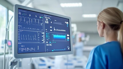 A digital health dashboard displaying patient monitoring data like blood pressure, oxygen levels, and heart rate, viewed by medical staff 