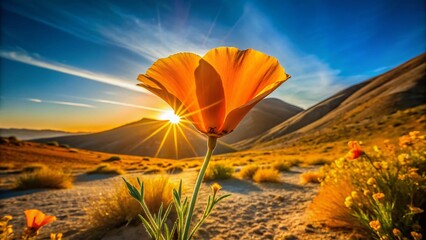 Desert Gold Poppy Bloom:  Arid Landscape Photography, Golden Wildflower,  California Poppy, Desert Bloom,  Sun Drenched Desert