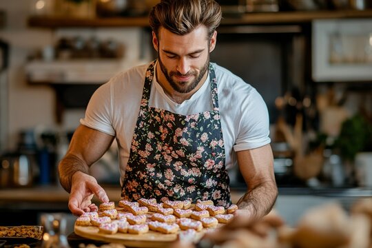 Professional baker presenting freshly baked heart-shaped cookies on a wooden tray, showcasing his culinary skills and passion for baking