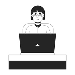 Asian woman office worker glasses typing laptop at desk black and white 2D line character. Korean female employee working notebook isolated vector outline person. Monochromatic spot illustration