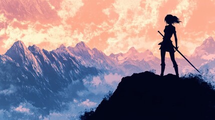 Silhouette of Adventurous Character Against Serene Mountain Landscape