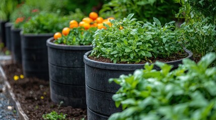 Naklejka premium Sustainable Community Gardening: Diverse Herbs and Vegetables Flourishing in Organic Garden Among Compost Bins