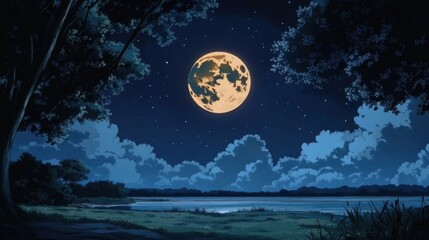 Serene Night Landscape with Full Moon Over Calm Water Surface