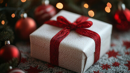 A beautifully wrapped Christmas gift with red ribbon sits among festive decorations, creating warm and joyful holiday atmosphere