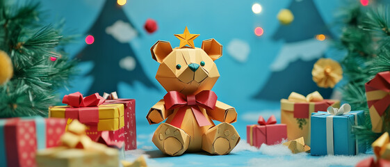 A cheerful origami bear sits among colorful gifts and festive decorations, embodying spirit of Christmas. vibrant colors and playful design create joyful atmosphere