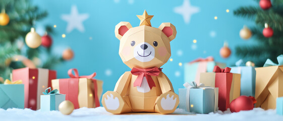 Naklejka premium Cute paper bear decoration with gifts and Christmas trees in background, creating festive atmosphere. Perfect for holiday celebrations and decorations