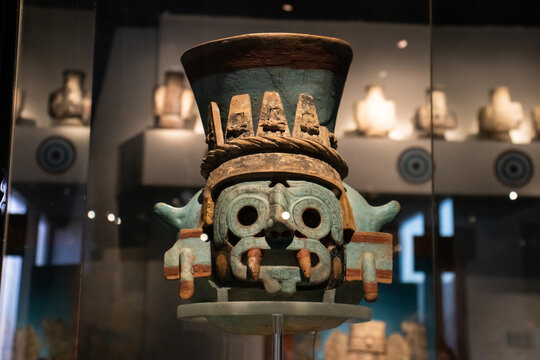 Mexico City, Mexico  November 12, 2024: Aztec ceramic pot representing the God Tlaloc discovered during excavations at the Templo Mayor in Mexico City.