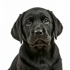 Ein dunkler Labrador Welpe auf weißem Hintergrund