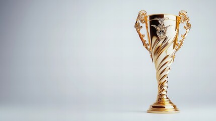 A gleaming golden trophy stands on a minimalist white background. Its intricate design and elegant curves exude a sense of prestige and achievement.
