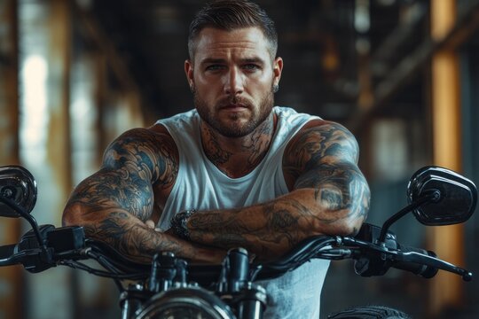 Strong biker with tattoos sitting on his motorcycle, wearing a denim vest, with the headlight on, in a garage
