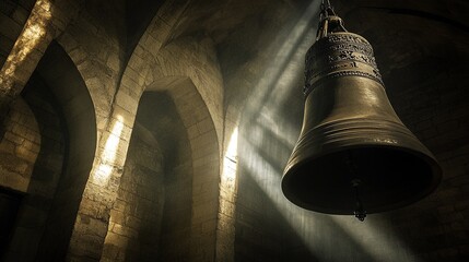 Obraz premium Ancient bronze bell hangs in stone arched hall, sunbeams illuminate.
