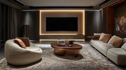 Sleek living room design with a TV framed by soft lighting, curved furniture pieces, and a central coffee table on a textured area rug