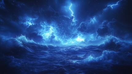 Fototapeta premium Stormy dark ocean with lightning.