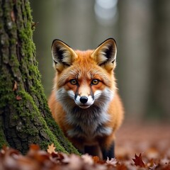 Obraz premium Red Fox Peeking from Behind Bush in Autumn Forest