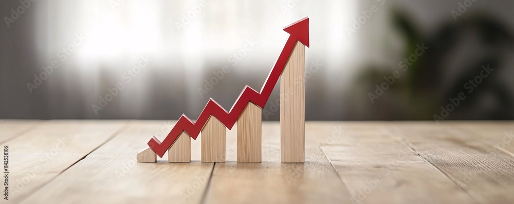 Aufkleber red arrow increasing on wooden blocks graph showing growth