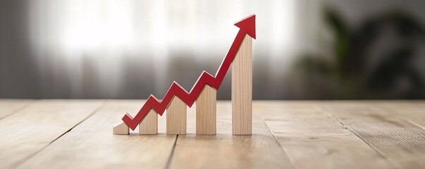 Red arrow increasing on wooden blocks graph showing growth