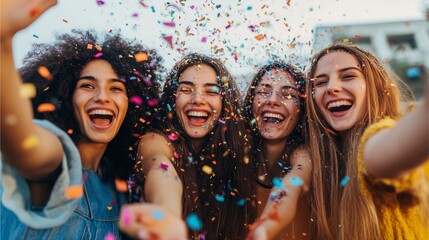 A group of friends throwing confetti in the air as they shout 'Happy New Year!' in a lively party setting