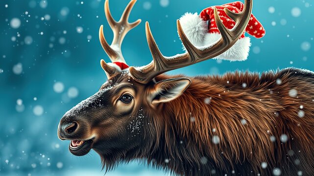 Frohe Weihnachten Urlaub Winter Hintergrund Gru&szlig;karte mit deutschem Text - Witziger Hirsch mit rausgestreckter Zunge und Nikolausm&uuml;tze Weihnachtsmannm&uuml;tze, isoliert auf blauem Hintergrund