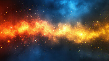 Vibrant cosmic background featuring blend of orange, yellow, and blue hues with sparkling stars and nebula effects, creating mesmerizing celestial scene