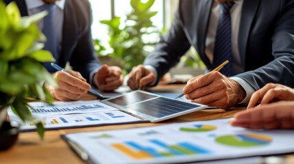 Eco-Friendly Transformation: Workers Installing Solar Panels for Energy Efficiency at Industrial Site with Savings Charts Displayed