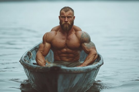 Strong muscular man with beard and tattoos sitting in a small boat on a lake