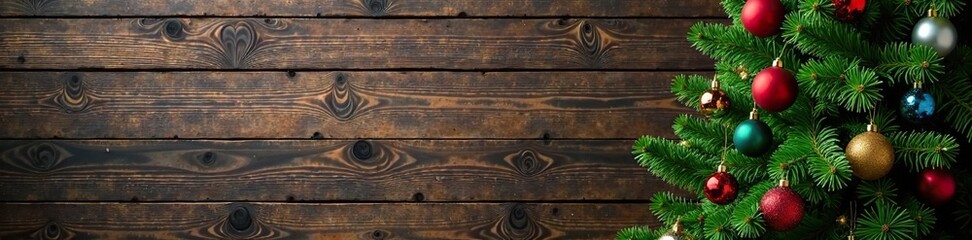 Obraz premium A rustic wooden backdrop complements a lush green fir Christmas tree adorned with colorful ornaments, wooden, christmas trees