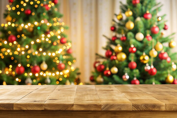 Wooden table with two blurred Christmas trees in background.