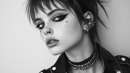 Fototapeta premium a punk girl with tremble art. back and white. white background. copy text space. 2/3 empty space for text