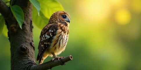 Asian Barred Owlet perched in a tree avoiding sun, wildlife, perch