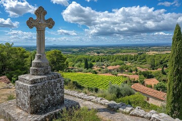 Scenic Landscape with Cross and Vineyards Under Cloudy Sky