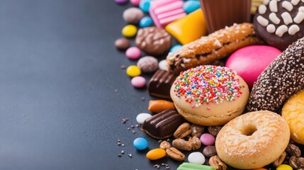 A colorful assortment of donuts, cookies, and other sweets are piled on a table