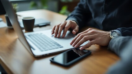 Businessman working on laptop computer on white table at office. Business man hands typing on laptop, online working, surfing the internet, close up
